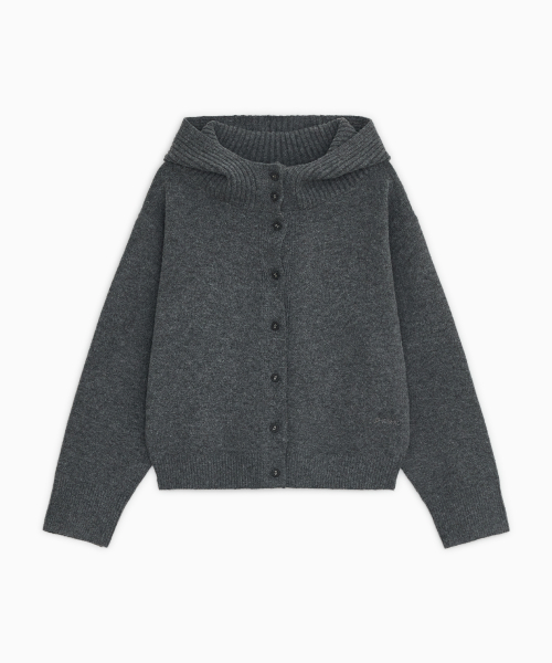 CROPPED HOODED HIGH NECK CARDIGAN, CHARCOAL