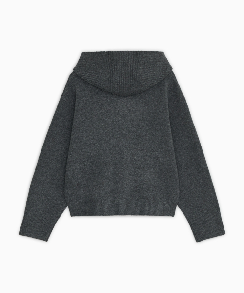 CROPPED HOODED HIGH NECK CARDIGAN, CHARCOAL