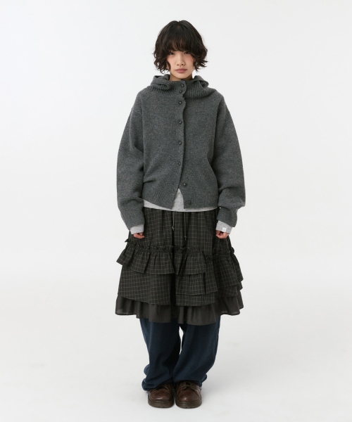 CROPPED HOODED HIGH NECK CARDIGAN, CHARCOAL