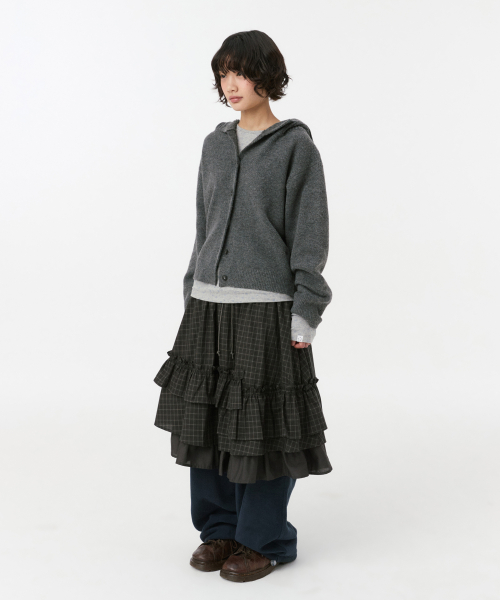 CROPPED HOODED HIGH NECK CARDIGAN, CHARCOAL