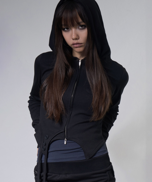 OVERLAY CROP HOODED ZIP-UP (BLACK) F26ZA513
