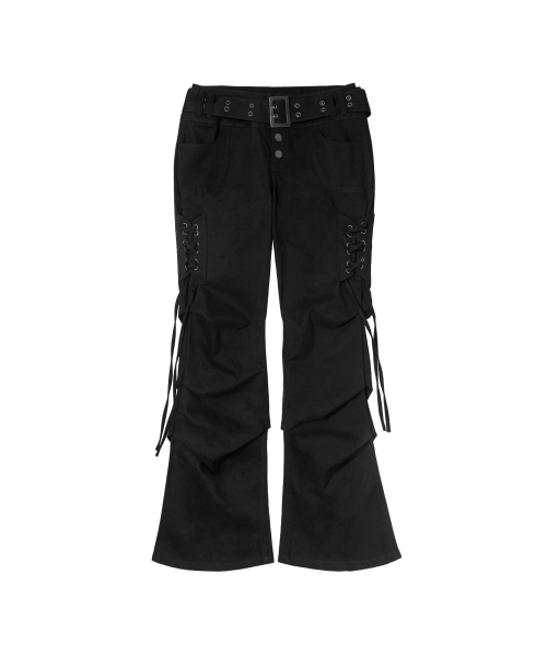BELTED FLARE SHIRRING PANTS (BLACK) F26ZD468