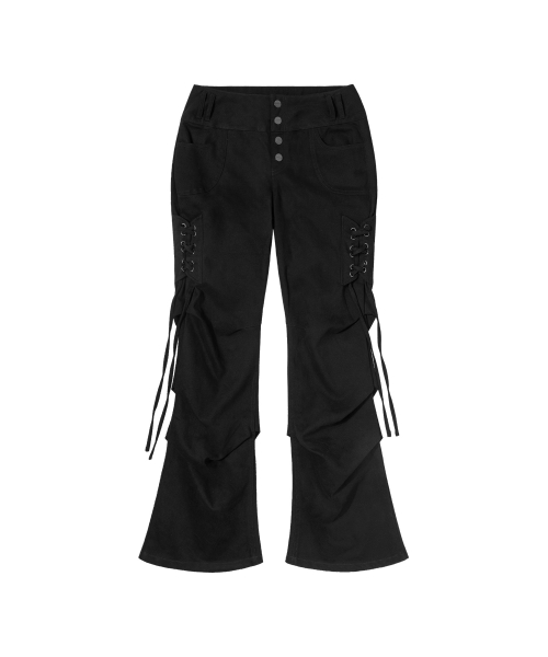 BELTED FLARE SHIRRING PANTS (BLACK) F26ZD468
