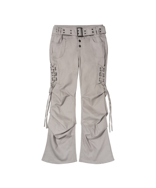 BELTED FLARE SHIRRING PANTS (BEIGE) F26ZD468