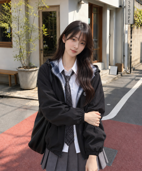 REVERSIBLE LOOSE FIT CHECK HOOD JACKET [BLACK]