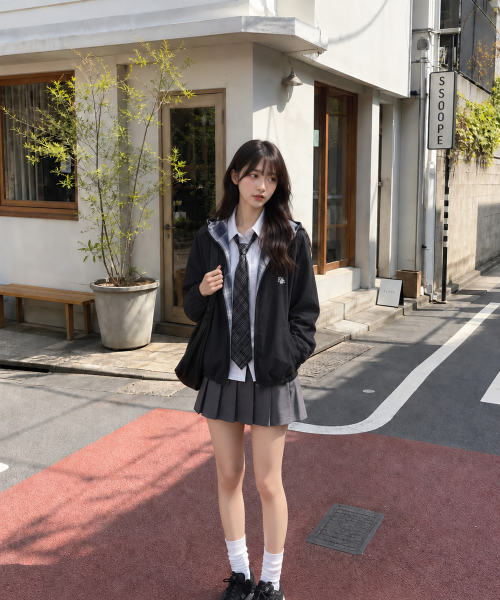 REVERSIBLE LOOSE FIT CHECK HOOD JACKET [BLACK]