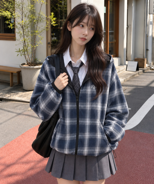 REVERSIBLE LOOSE FIT CHECK HOOD JACKET [BLACK]