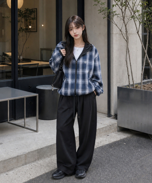 REVERSIBLE LOOSE FIT CHECK HOOD JACKET [BLACK]