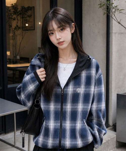 REVERSIBLE LOOSE FIT CHECK HOOD JACKET [BLACK]
