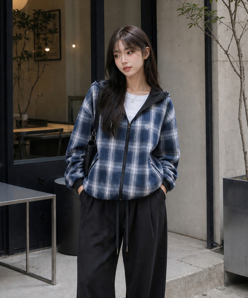REVERSIBLE LOOSE FIT CHECK HOOD JACKET [BLACK]