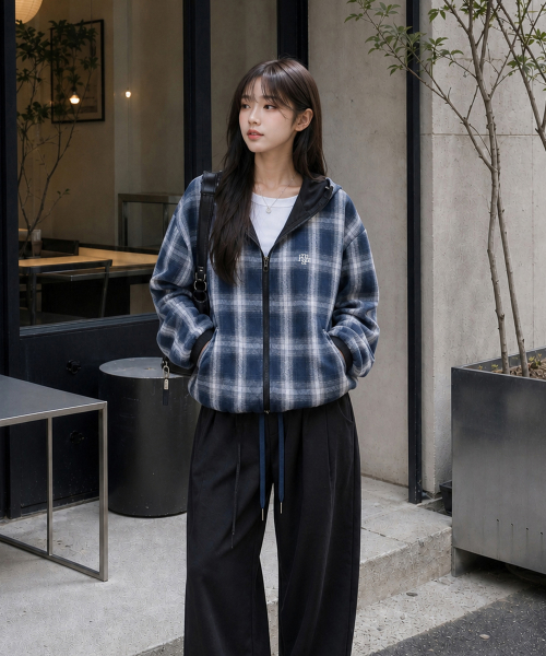REVERSIBLE LOOSE FIT CHECK HOOD JACKET [BLACK]