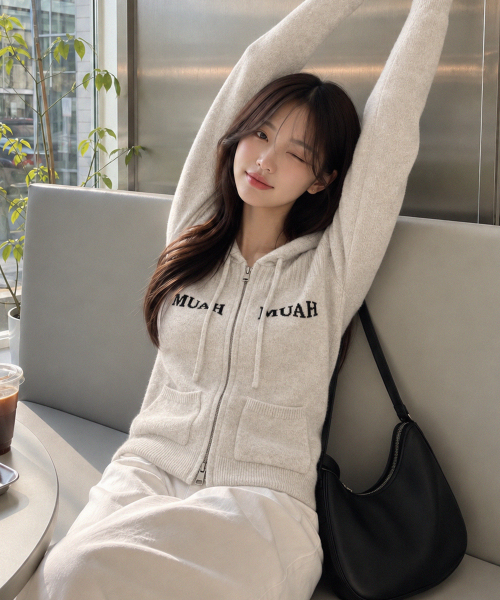 JACQUARD KNIT HOOD ZIPUP [OATMEAL]