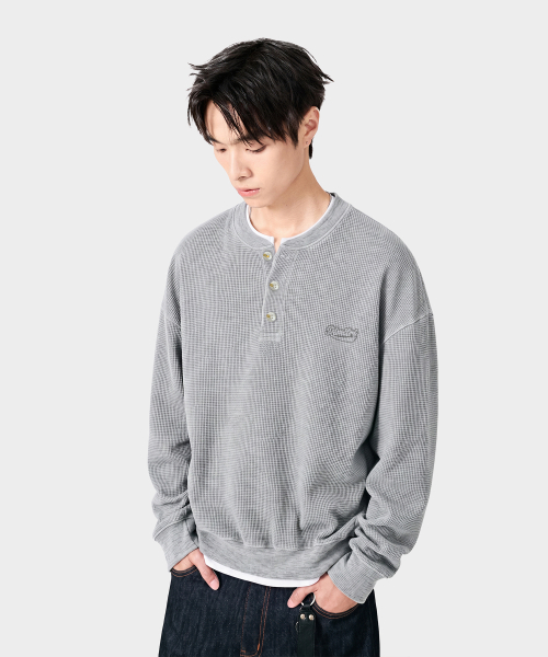 REGULAR WAFFLE HENLEY NECK T-SHIRT_4 COLOR