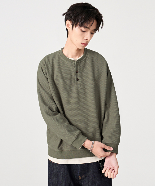 REGULAR WAFFLE HENLEY NECK T-SHIRT_4 COLOR