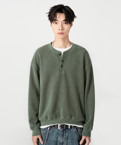 REGULAR WAFFLE HENLEY NECK T-SHIRT_4 COLOR