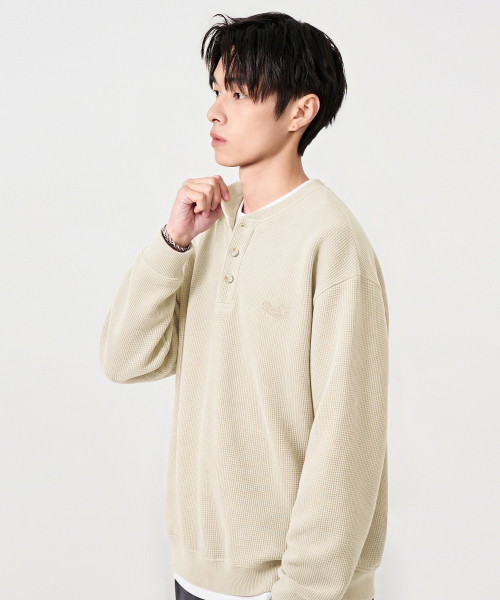 REGULAR WAFFLE HENLEY NECK T-SHIRT_4 COLOR