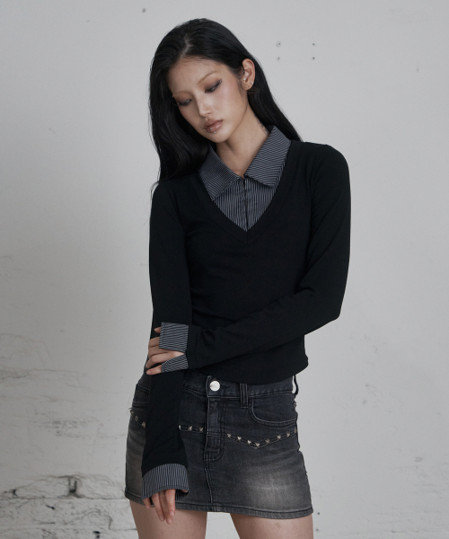 C HOOK OPEN SHIRT LAYERED TOP_BLACK