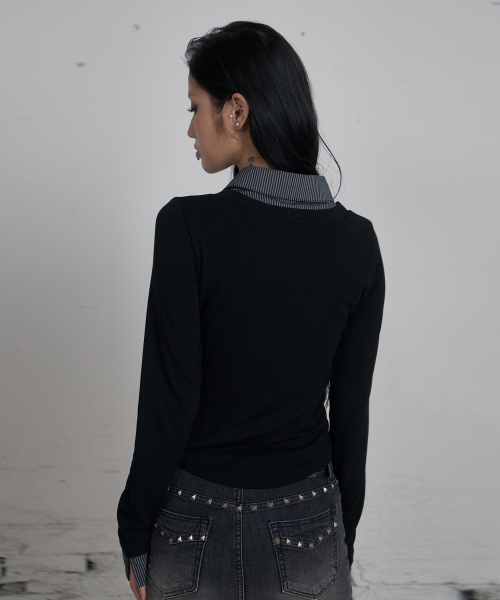 C HOOK OPEN SHIRT LAYERED TOP_BLACK