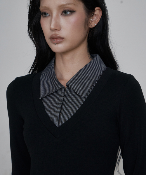 C HOOK OPEN SHIRT LAYERED TOP_BLACK