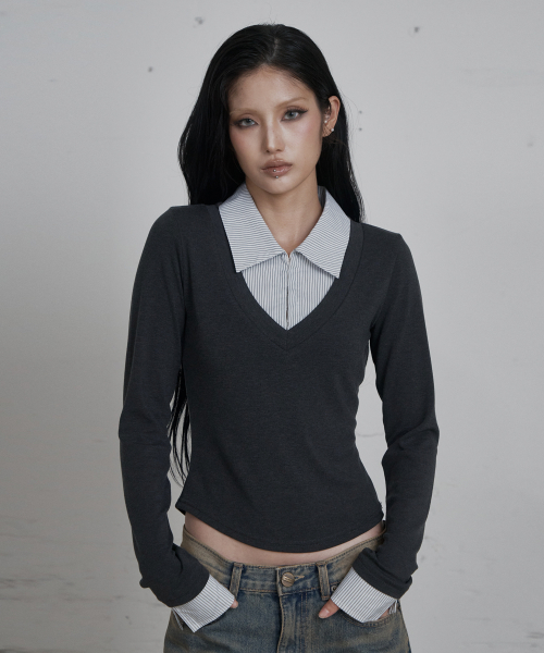 C HOOK OPEN SHIRT LAYERED TOP_WHITE