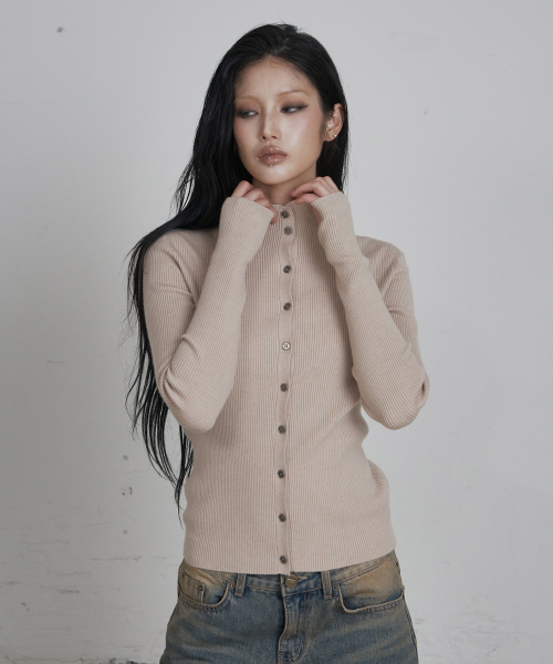 C HIGH NECK KNIT SLEEVELESS CARDIGAN SET_BEIGE