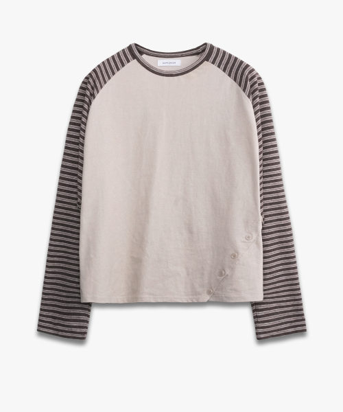 Stripe Raglan Button Long Sleeve BROWN