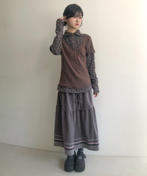 Flower shirts layered top (Brown)