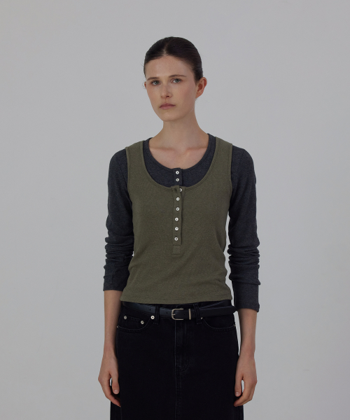 F/W Fine Ribbed Button U-Neck Long Sleeve Tee