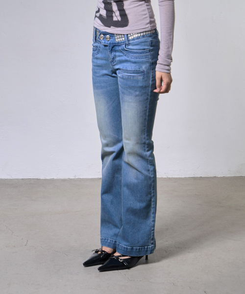 BLING BELTED BOOTCUT PANTS (MID BLUE) F26ZD464