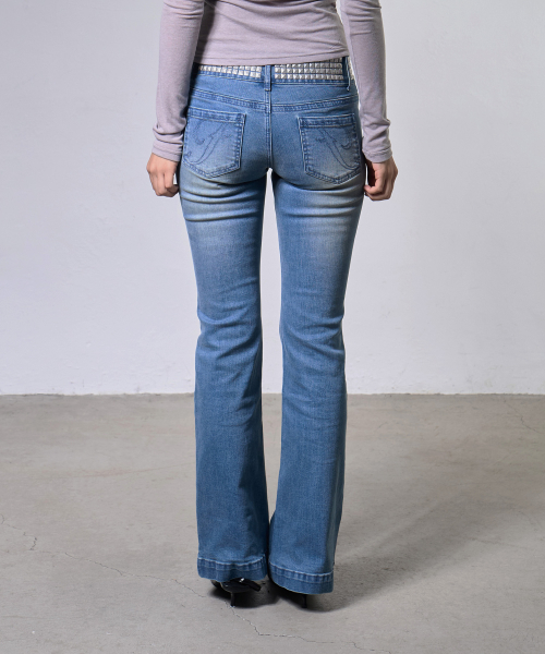 BLING BELTED BOOTCUT PANTS (MID BLUE) F26ZD464