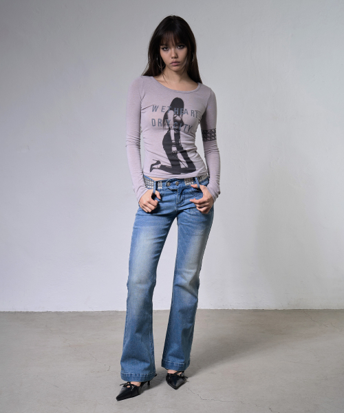 BLING BELTED BOOTCUT PANTS (MID BLUE) F26ZD464