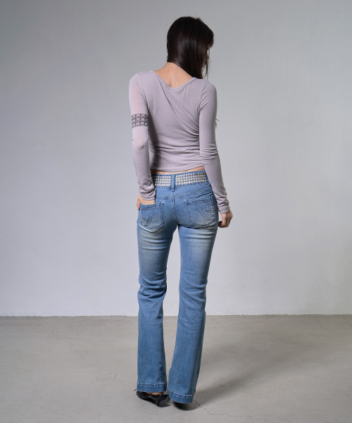 BLING BELTED BOOTCUT PANTS (MID BLUE) F26ZD464