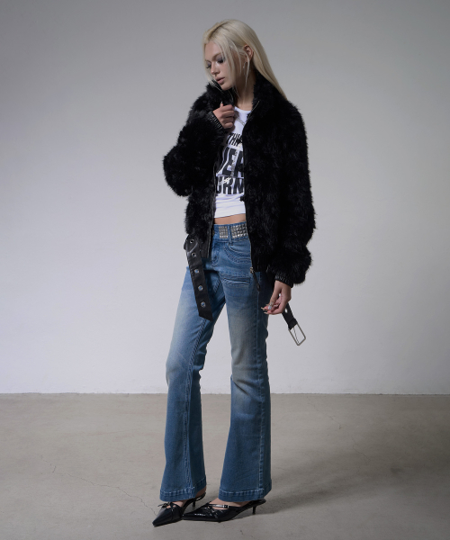 BLING BELTED BOOTCUT PANTS (MID BLUE) F26ZD464