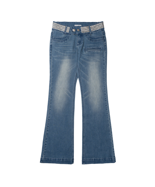 BLING BELTED BOOTCUT PANTS (MID BLUE) F26ZD464