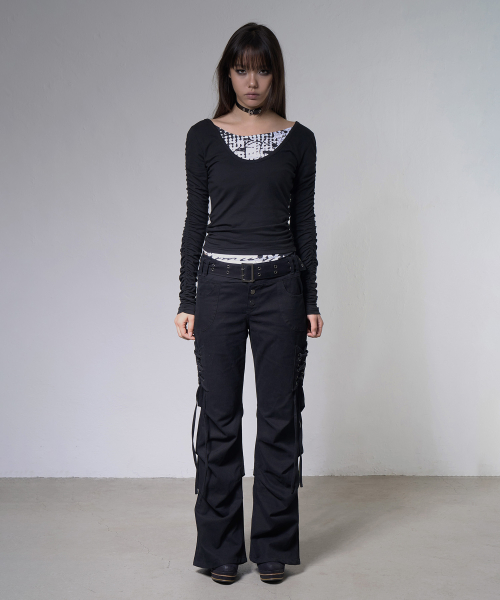 DOUBBLE LAYERED SHIRRING TOP (BLACK) F26ZB524