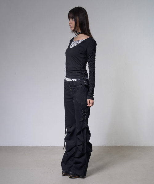 DOUBBLE LAYERED SHIRRING TOP (BLACK) F26ZB524