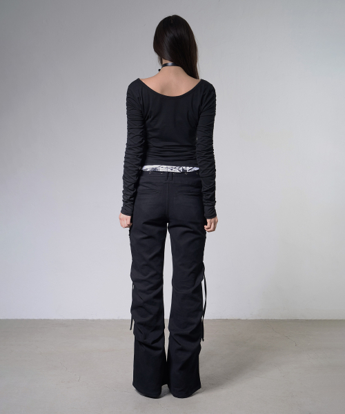 DOUBBLE LAYERED SHIRRING TOP (BLACK) F26ZB524