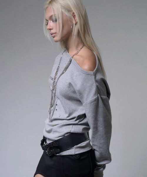 PIXEL CROSS ONE-SHOULDER SWEATSHIRT (MELANGE GRAY) F26ZB535