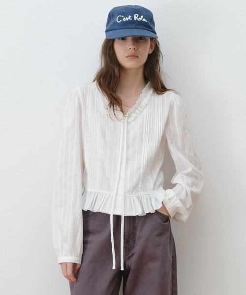 FRILL NECK LACE PINTUCK COTTON BLOUSE WHITE