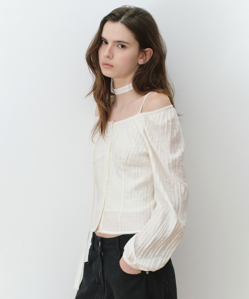 SHEER OFF SHOULDER TIE BLOUSE IVORY