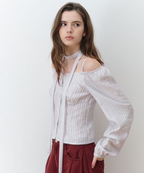 SHEER OFF SHOULDER TIE BLOUSE LIGHT GRAY