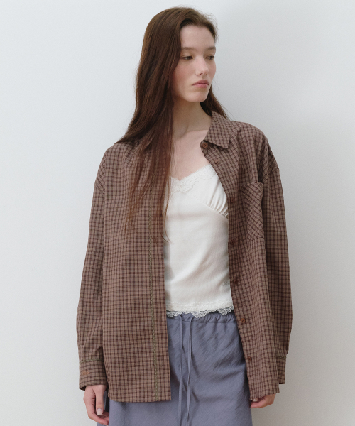LACE POINT LOOSE FIT CHECK SHIRT BROWN