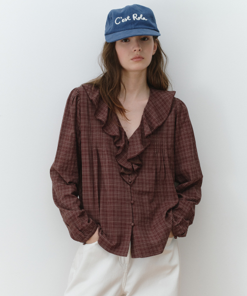 FRILL PINTUCK CHECK BLOUSE BROWN