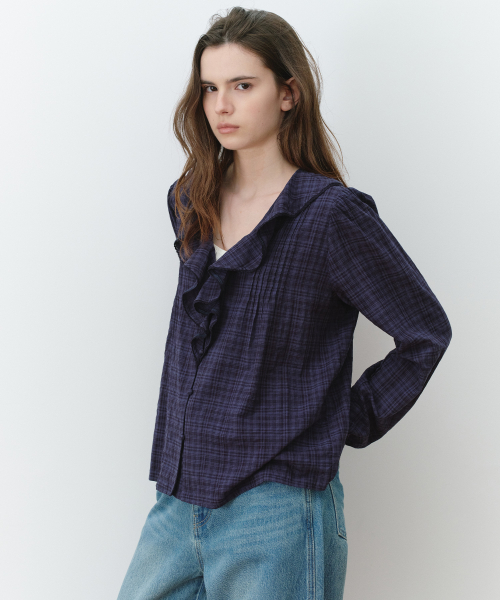FRILL PINTUCK CHECK BLOUSE DEEP NAVY