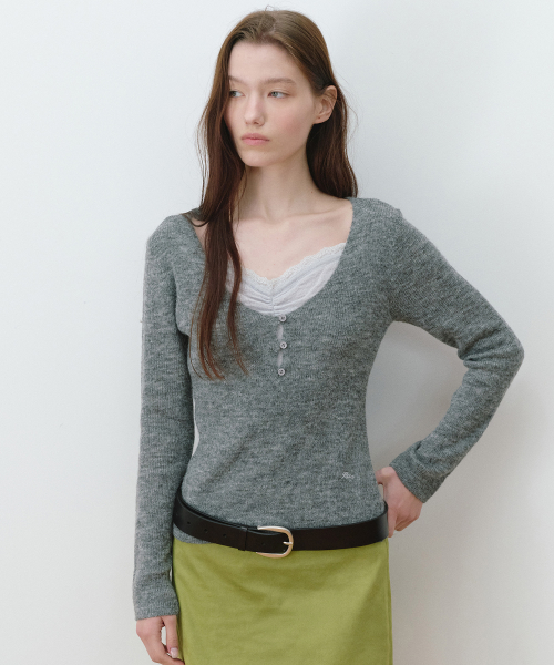 LACE LAYERED SLIM KNIT MELANGE CHARCOAL