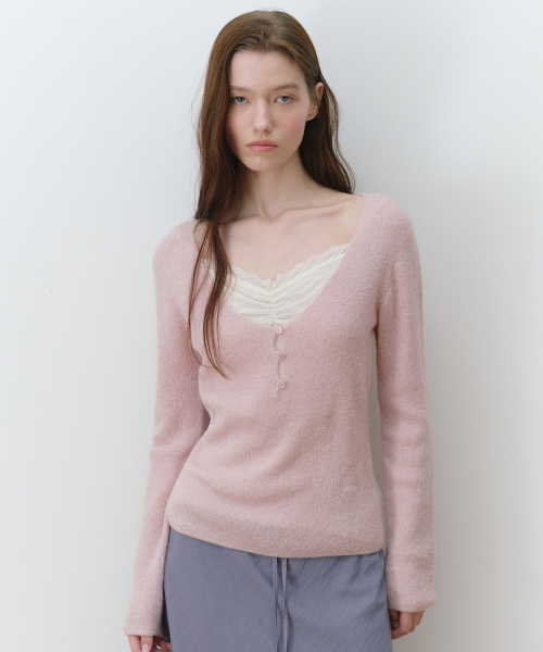 LACE LAYERED SLIM KNIT PINK