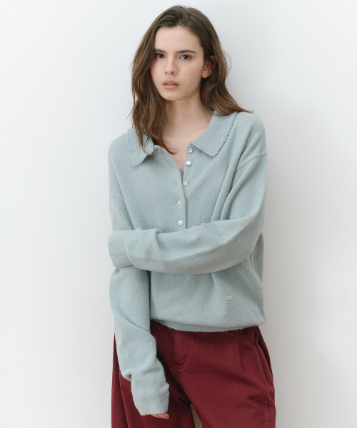 SCALLOP COLLAR HENLEY LOOSE FIT KNIT MINT