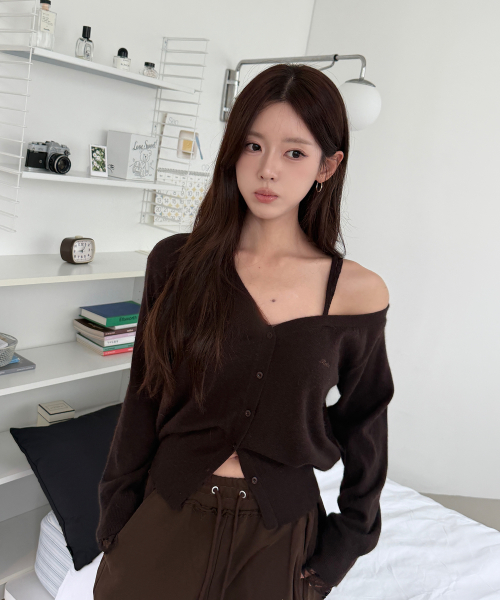 ONE OFF SHOULDER LACE CARDIGAN D/BROWN