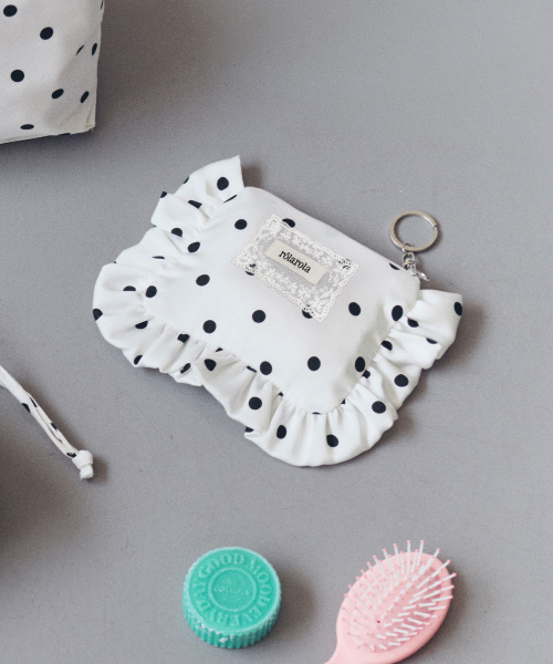 DOT SATIN FRILL POUCH KEYRING WHITE