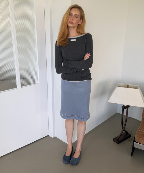 SUEDE PUNCHED MIDI SKIRT (BLUE)